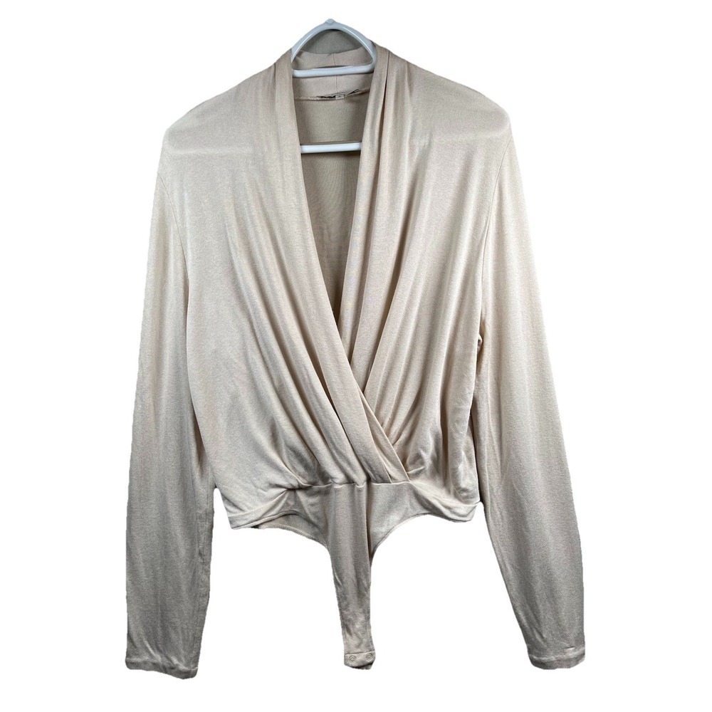 Vince Crossover Bodysuit Women's Sz XL‎ Cream Long Sleeve Rayon Quiet Luxury